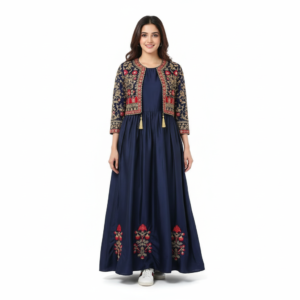 Blue Embroidered Shamoz Silk Maxi with Separate Koti 2 Pcs Set