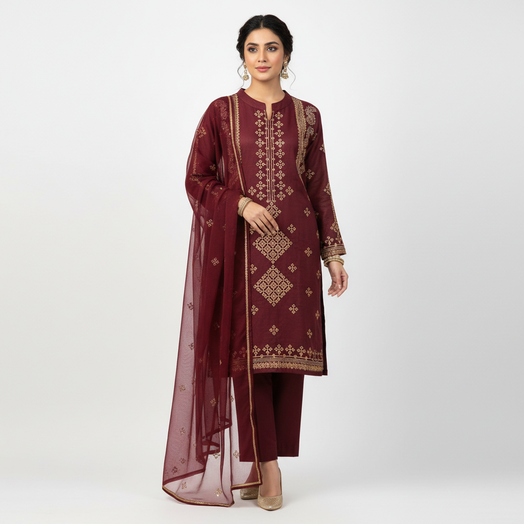 Maroon Bareeza Cotton Sequins Work 3 Piece Stitched Suit - Image 4