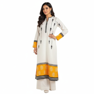 Premium Silk Printed Shirt and Trouser 2 Piece Set White and Yellow