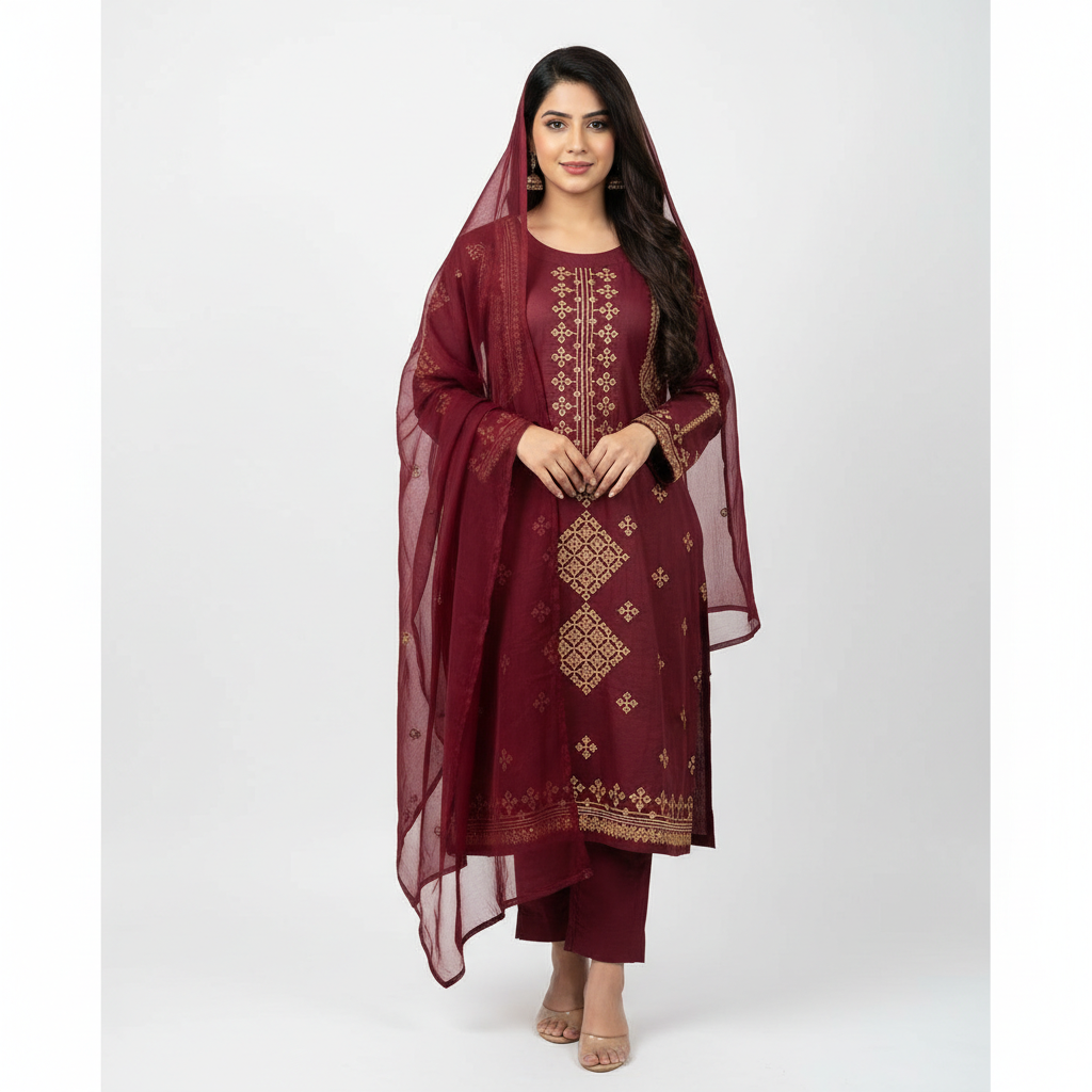 Maroon Bareeza Cotton Sequins Work 3 Piece Stitched Suit - Image 3