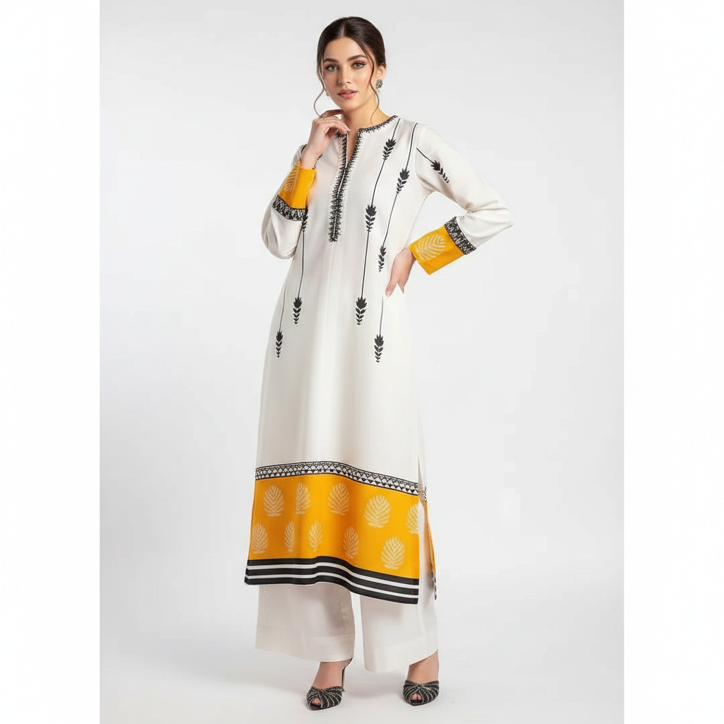 Premium Silk Printed Shirt and Trouser 2 Piece Set White and Yellow - Image 3