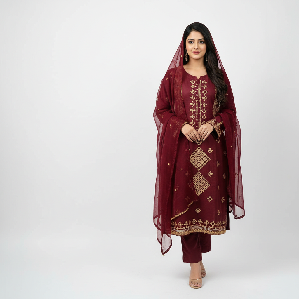 Maroon Bareeza Cotton Sequins Work 3 Piece Stitched Suit - Image 2
