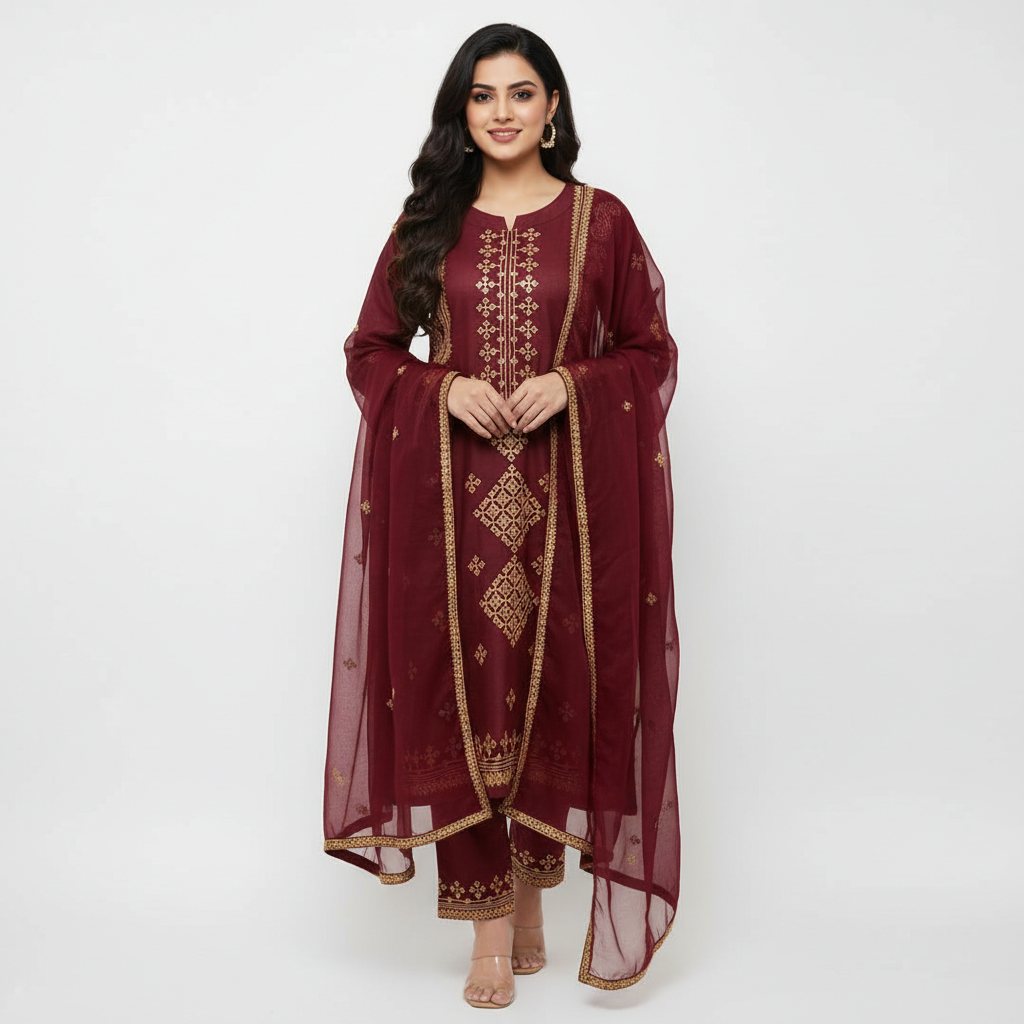 Maroon Bareeza Cotton Sequins Work 3 Piece Stitched Suit