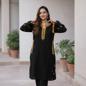 Black Pocket Style Embroidered Linen 2 Piece Suit