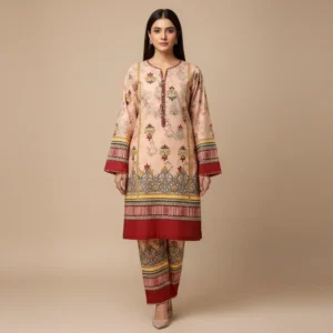 Women Unstitched Printed Suit Pink Polo Cotton 2 Pcs