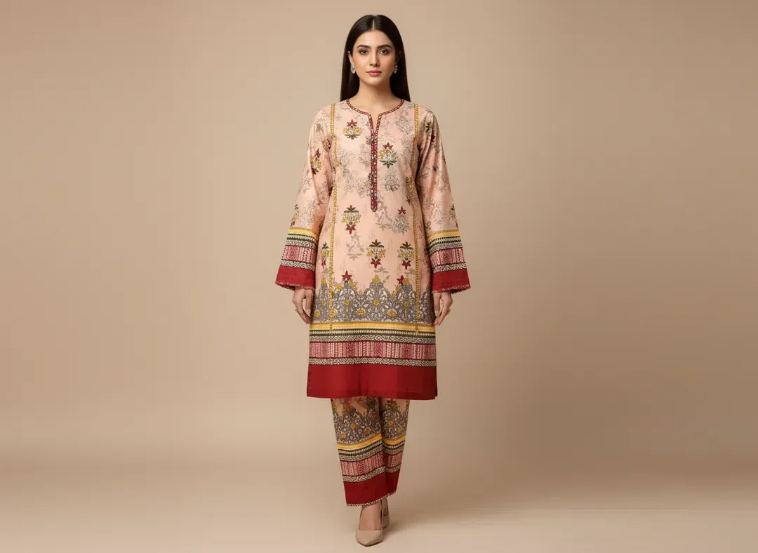 Women Unstitched Printed Suit Pink Polo Cotton 2 Pcs - Image 4