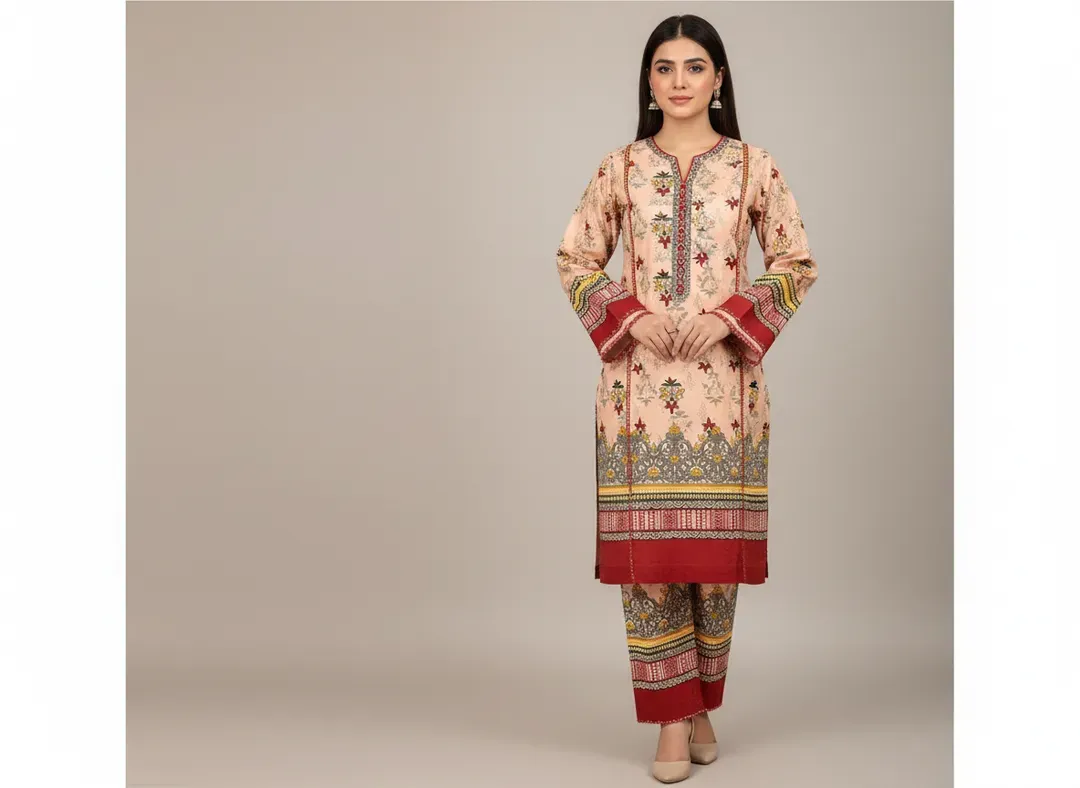 Women Unstitched Printed Suit Pink Polo Cotton 2 Pcs - Image 3