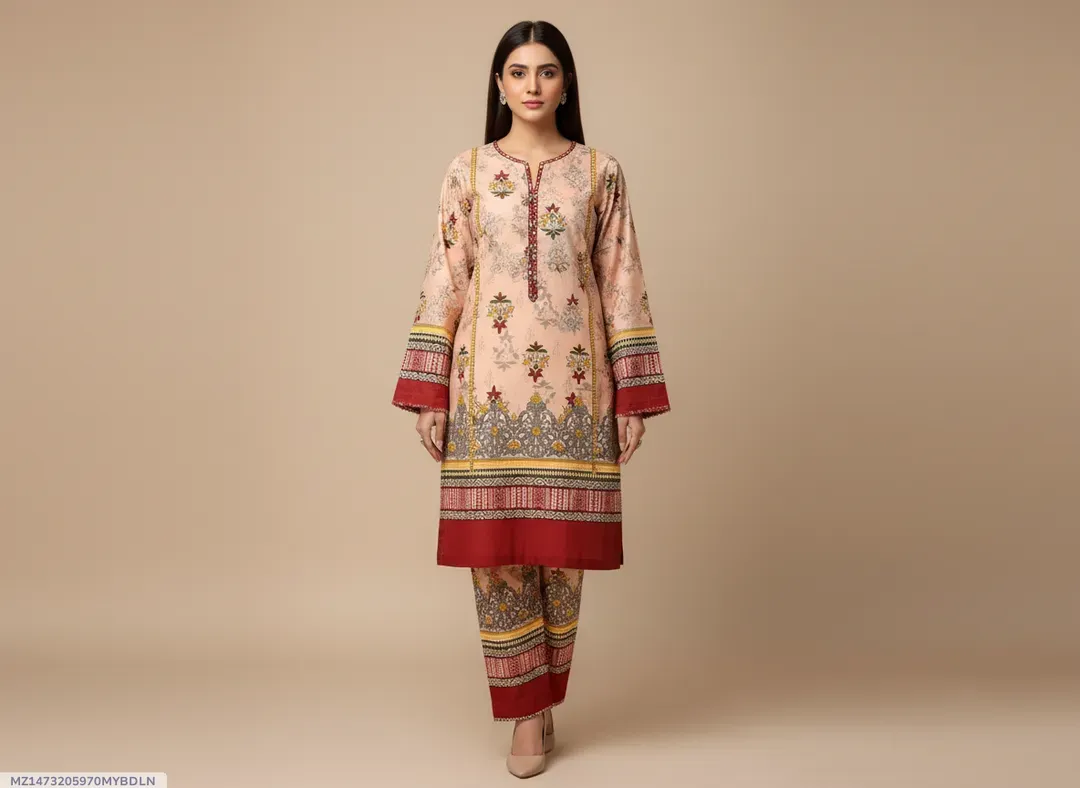 Women Unstitched Printed Suit Pink Polo Cotton 2 Pcs - Image 2